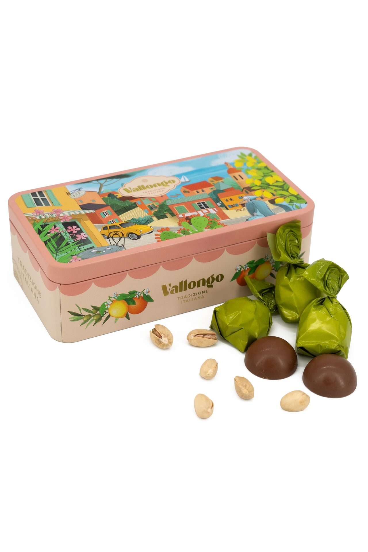 CZEKOLADKI Z NADZIENIEM O SMAKU PISTACJI  W OZDOBNEJ METALOWEJ PUSZCE 180 G