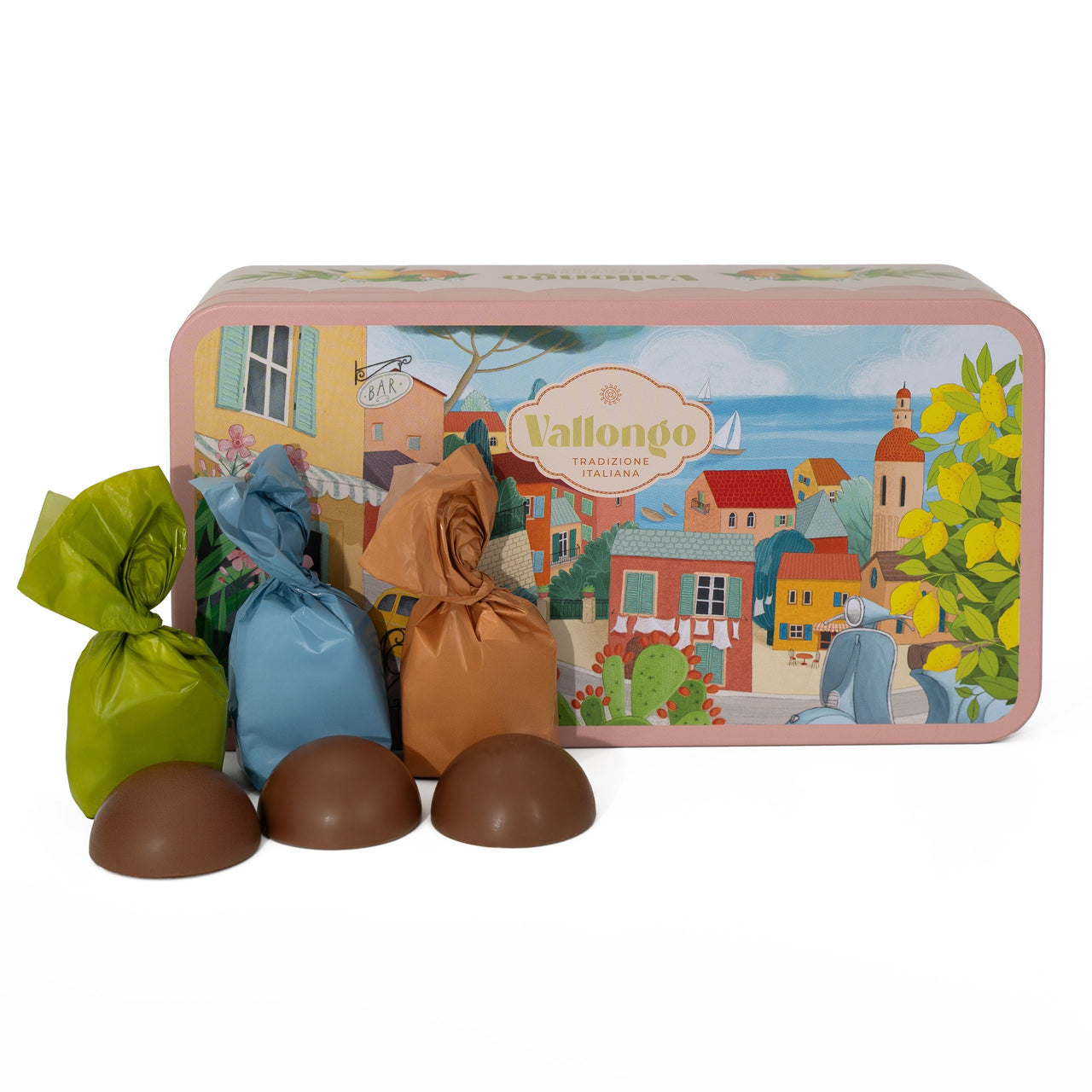 CZEKOLADKI Z NADZIENIEM O SMAKU PISTACJI, ORZECHA LASKOWEGO I NUGATU W OZDOBNEJ METALOWEJ PUSZCE 180 G