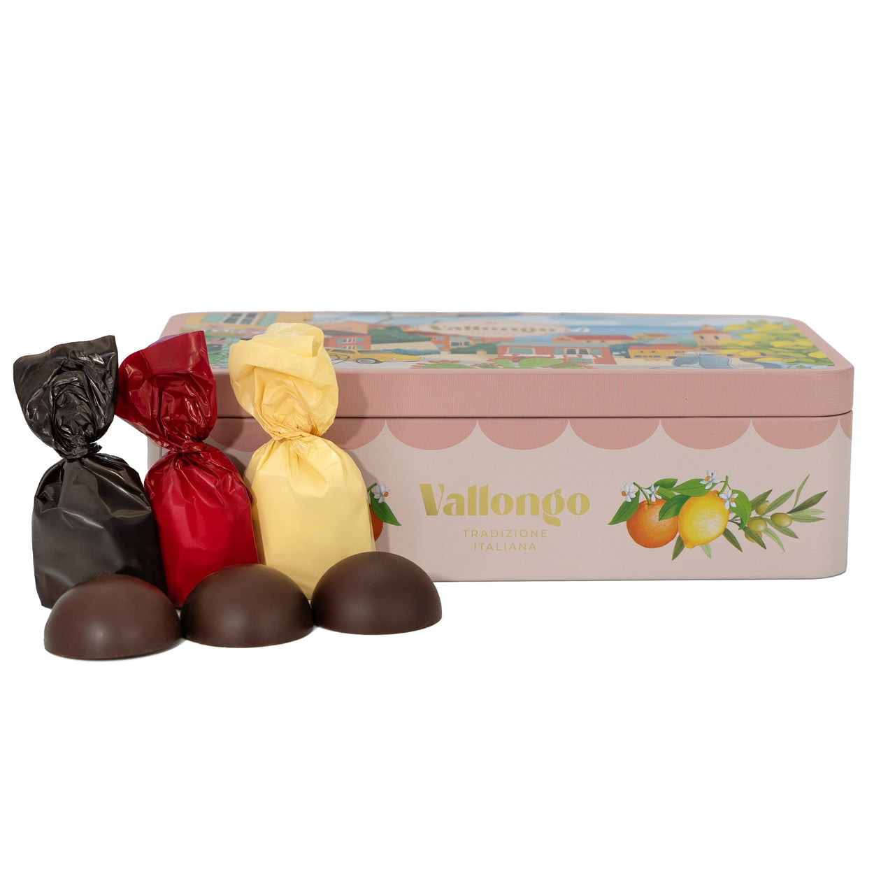 CZEKOLADKI Z NADZIENIEM O SMAKU RUMU, LIMONCELLO I BRZOSKWINI-AMARETTO W METALOWEJ PUSZCE 180 G